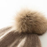 100% Cashmere Beanie Cuffed Warm Hat with Fur Pom for Women